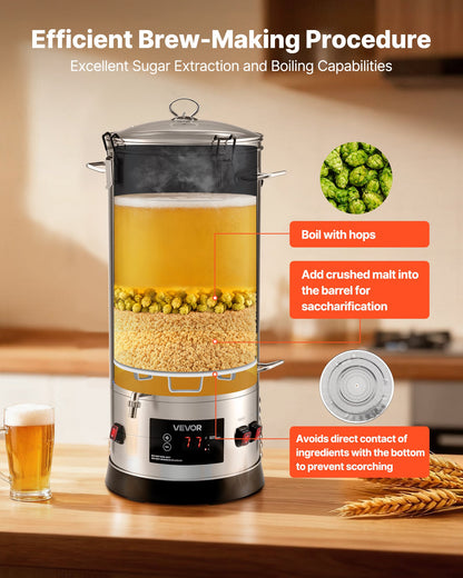 Electric Brewing System, 8 Gal/30L Brewing Pot Home Beer Brewer, 304 Stainless Steel Body, Mash Boil Device with Integrated Inner Barrel & Reinforced Handle, 25-100℃ Temp