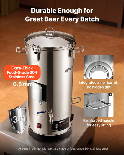 Electric Brewing System, 8 Gal/30L Brewing Pot Home Beer Brewer, 304 Stainless Steel Body, Mash Boil Device with Integrated Inner Barrel & Reinforced Handle, 25-100℃ Temp
