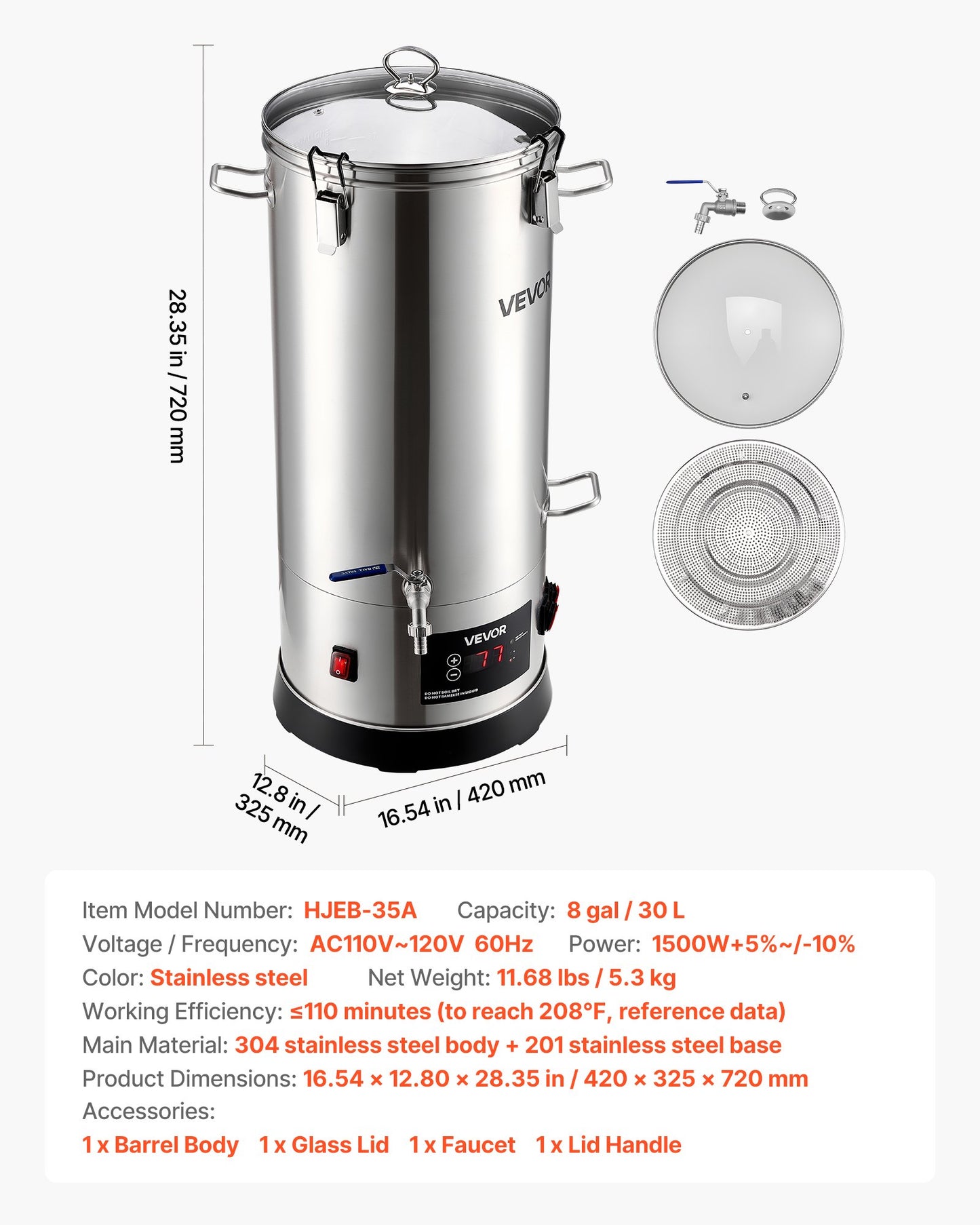 Electric Brewing System, 8 Gal/30L Brewing Pot Home Beer Brewer, 304 Stainless Steel Body, Mash Boil Device with Integrated Inner Barrel & Reinforced Handle, 25-100℃ Temp