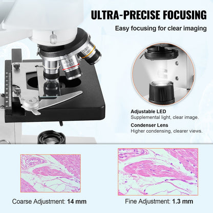 Binocular Compound Microscope, 40X-2500X Magnification, Binocular Compound Lab Microscope with LED Illumination, Two-Layer Mechanical Stage, Includes Phone Holder & Microscope Slides