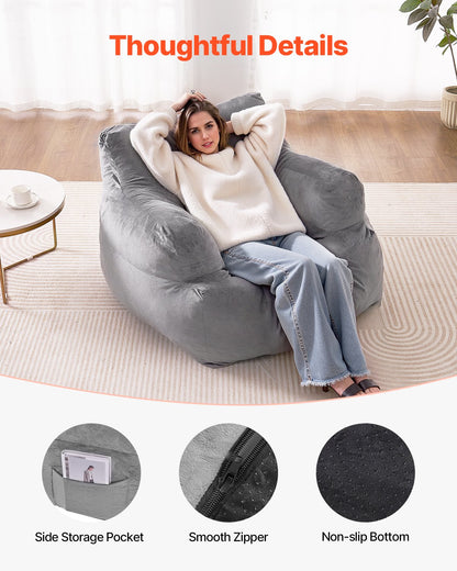 Bean Bag Chair, BeanBag Sofa Chair with Armrests for Adults, Fluffy Plush & High-Density Foam Filling Adult Bean Bag with Zapper, Comfy Lazy Sofa Chair Ideal for Living Room, Bedroom, Grey
