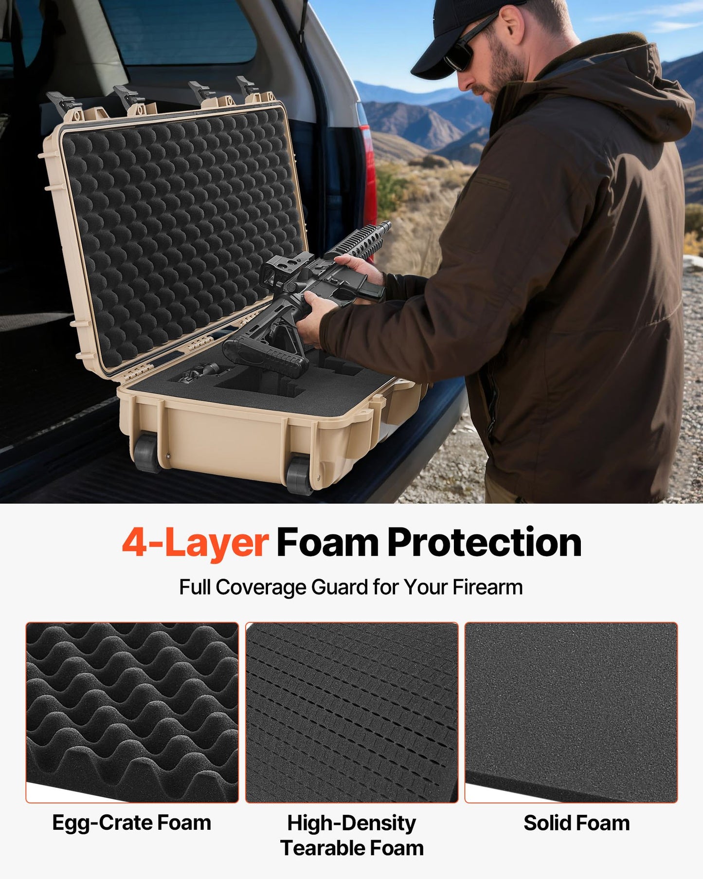 Hård gevärsväska, låsbar gevärsväska med 4 lager förskurna skum, 914 mm vapenförvaring med hjul, IP67 vattentäta och dammtäta pistolförvaringsväskor för gevär, hagelgevär, airsoftvapen, khaki