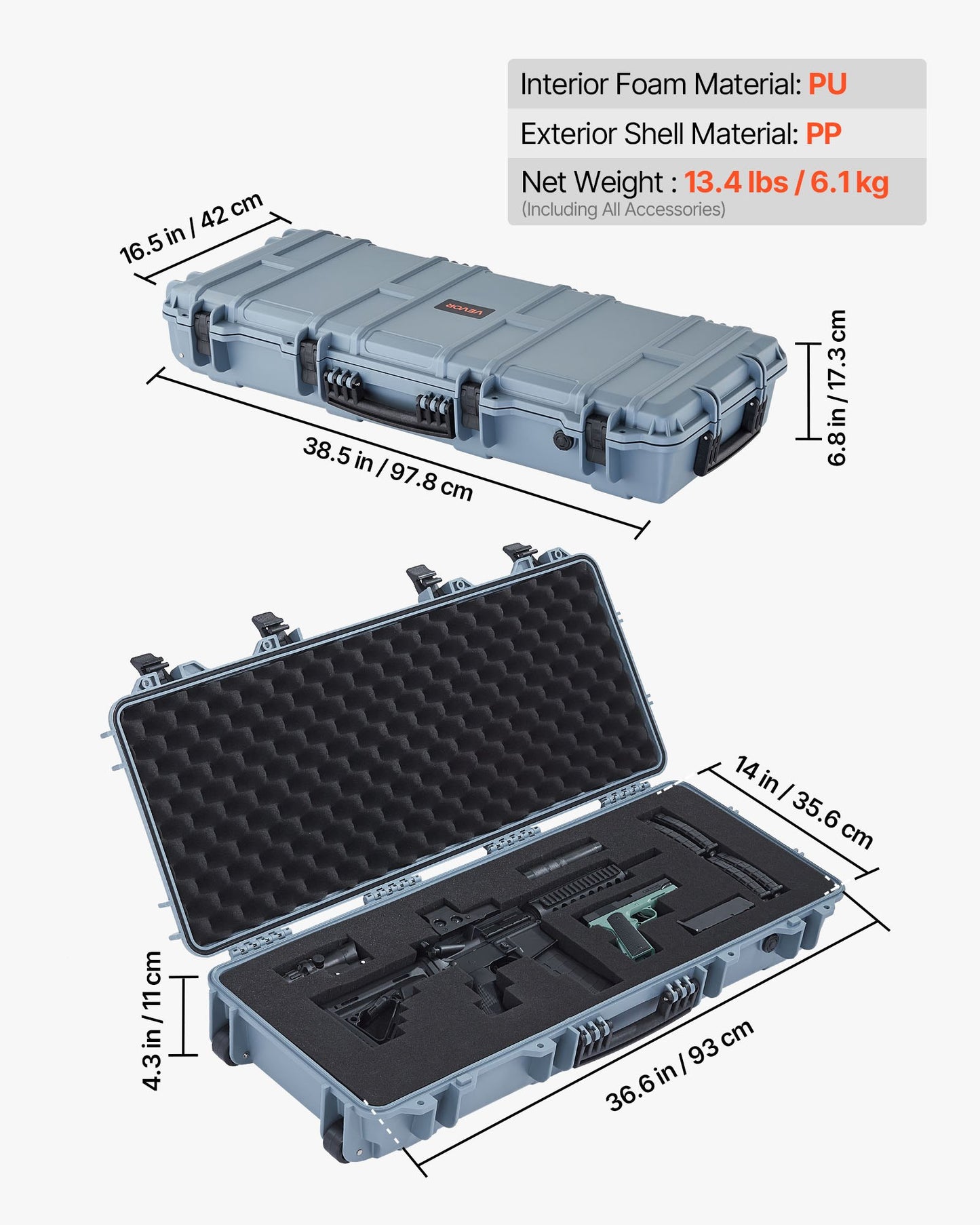 Hard Rifle Case, Lockable Rifle Case with 4 Layers Pre-cut Foams, 914 mm Gun Storage with Wheels, IP67 Waterproof & Dustproof Pistol Storage Cases for Rifles, Shotguns, Airsoft Guns, Grey