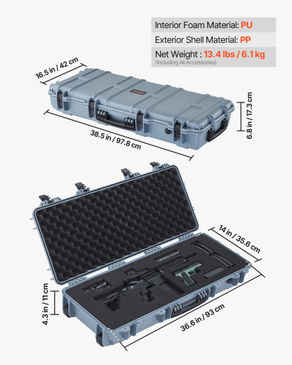 Hard Rifle Case, Lockable Rifle Case with 4 Layers Pre-cut Foams, 914 mm Gun Storage with Wheels, IP67 Waterproof & Dustproof Pistol Storage Cases for Rifles, Shotguns, Airsoft Guns, Grey