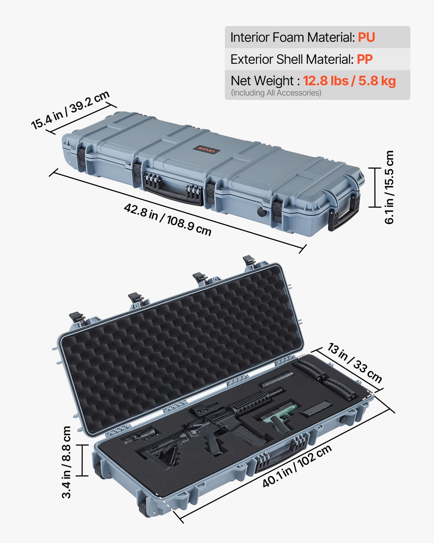 Hård gevärsväska, låsbar gevärsväska med förskurna skum, 1016 mm vapenförvaring med hjul, IP67 vattentät och dammtät flyttbar stor pistolförvaring för gevär, hagelgevär, airsoftvapen, grå