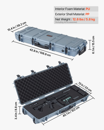 Hård gevärsväska, låsbar gevärsväska med förskurna skum, 1016 mm vapenförvaring med hjul, IP67 vattentät och dammtät flyttbar stor pistolförvaring för gevär, hagelgevär, airsoftvapen, grå