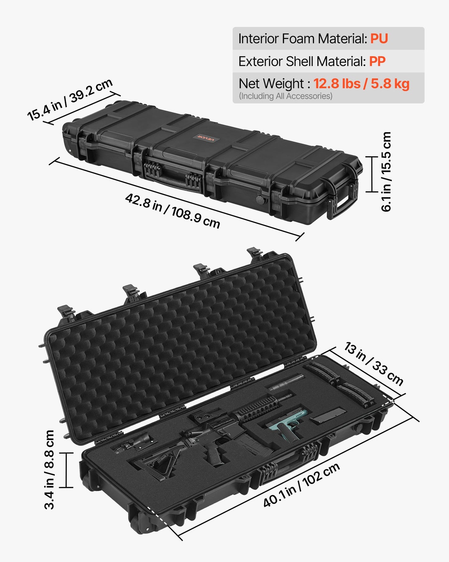 Hard Rifle Case, Lockable Rifle Case with Pre-cut Foams, 1016 mm Gun Storage with Wheels, IP67 Waterproof & Dustproof Movable Large Pistol Storage for Rifles, Shotguns, Airsoft Guns, Black