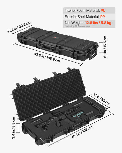 Hard Rifle Case, Lockable Rifle Case with Pre-cut Foams, 1016 mm Gun Storage with Wheels, IP67 Waterproof & Dustproof Movable Large Pistol Storage for Rifles, Shotguns, Airsoft Guns, Black