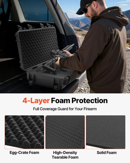 Hard Rifle Case, Lockable Rifle Case with Pre-cut Foams, 1016 mm Gun Storage with Wheels, IP67 Waterproof & Dustproof Movable Large Pistol Storage for Rifles, Shotguns, Airsoft Guns, Black