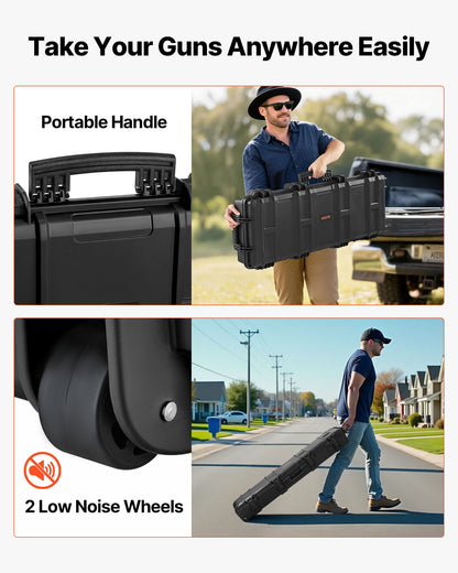 Hard Rifle Case, Lockable Rifle Case with Pre-cut Foams, 1016 mm Gun Storage with Wheels, IP67 Waterproof & Dustproof Movable Large Pistol Storage for Rifles, Shotguns, Airsoft Guns, Black