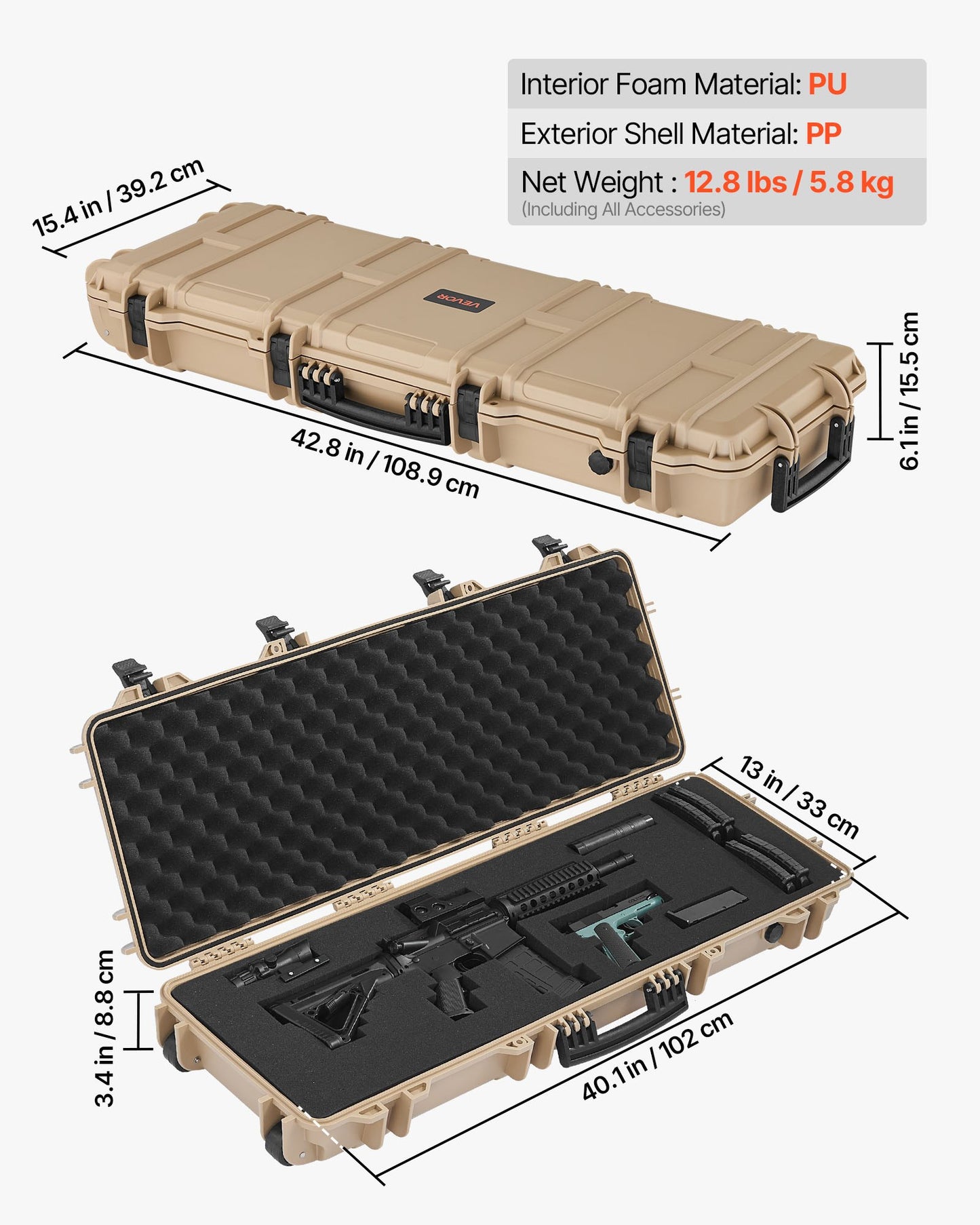 Hard Rifle Case, Lockable Rifle Case with Pre-cut Foams, 1016 mm Gun Storage with Wheels, IP67 Waterproof & Dustproof Movable Large Pistol Storage for Rifles, Shotguns, Airsoft Guns, Khaki