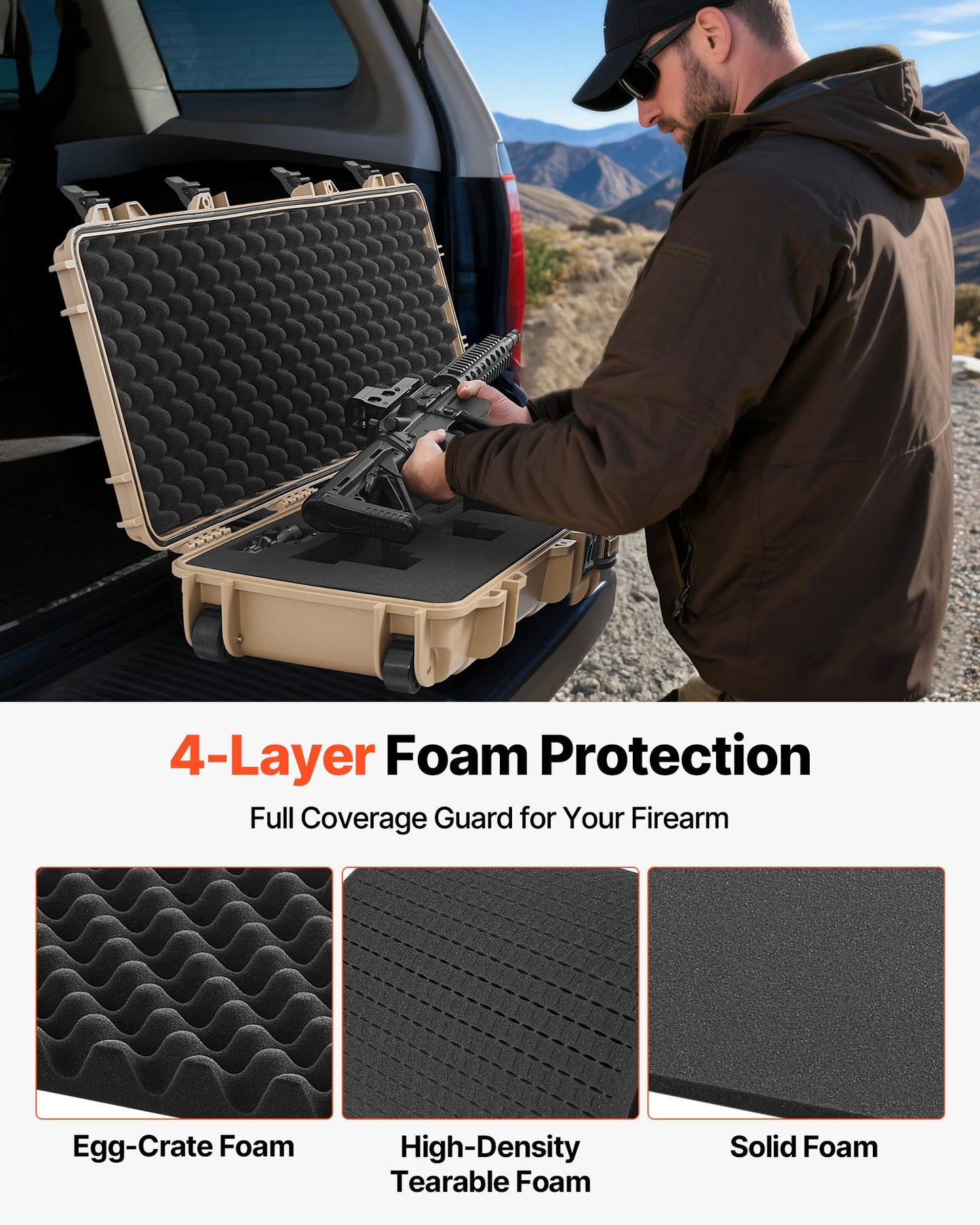 Hard Rifle Case, Lockable Rifle Case with Pre-cut Foams, 1016 mm Gun Storage with Wheels, IP67 Waterproof & Dustproof Movable Large Pistol Storage for Rifles, Shotguns, Airsoft Guns, Khaki