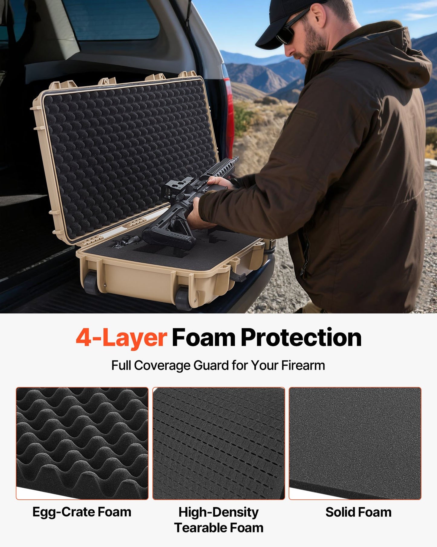 Hård gevärsväska, låsbar gevärsväska med förskurna skum, 1066 mm flyttbar vapenförvaring med hjul, IP67 vattentät och dammtät pistolförvaring för gevär, hagelgevär, airsoftvapen, kaki