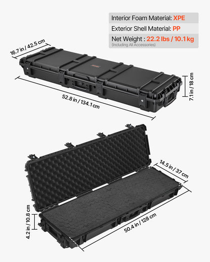 Hard Rifle Case, Lockable Rifle Case with Detachable XPE Foam, 1270 mm Gun Storage with Wheels, IP67 Waterproof & Dustproof Pistol Storage Cases for Rifles, Shotguns, Airsoft Guns, Black