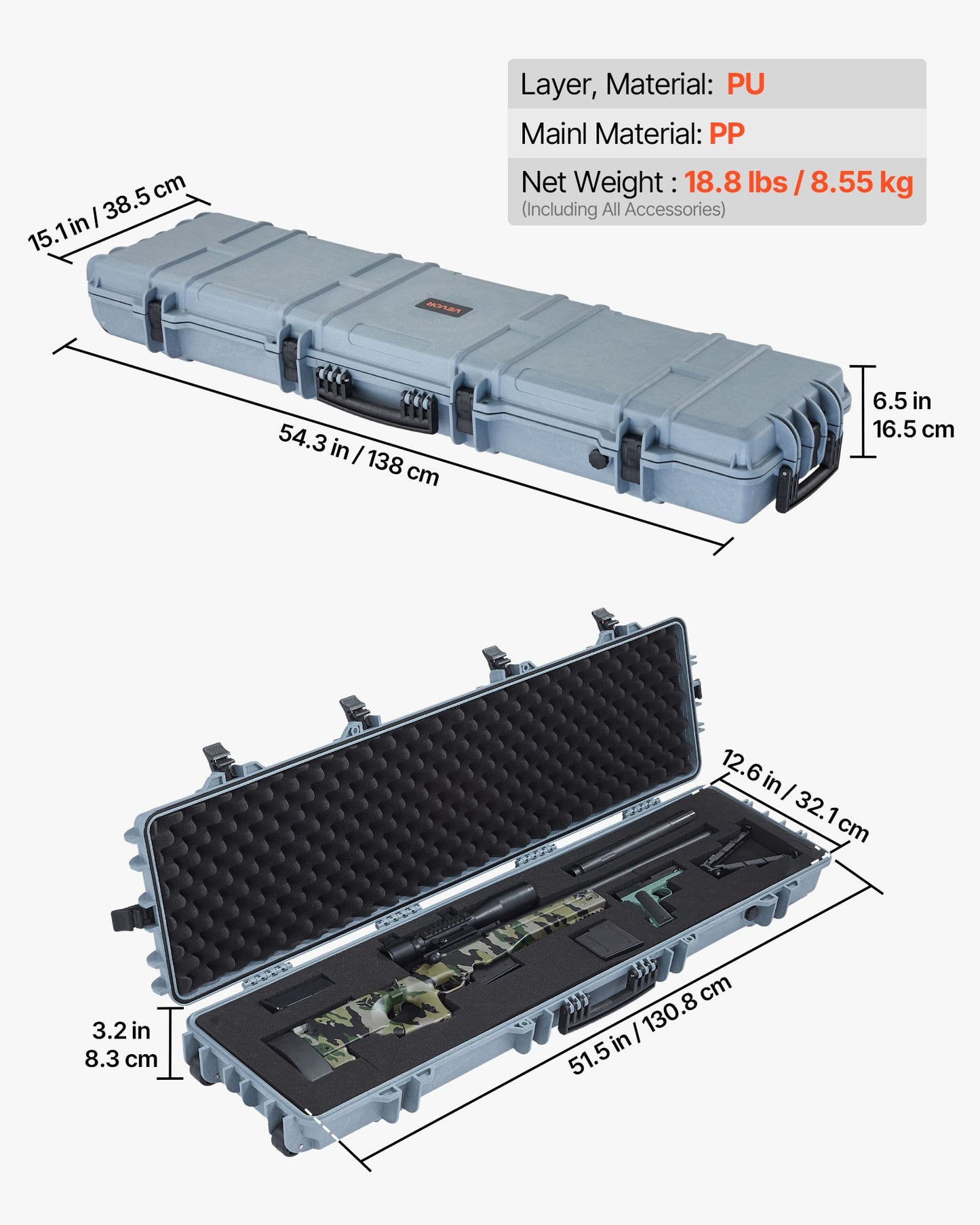 Hard Rifle Case, Lockable Rifle Case with Pre-cut Foams, 1270 mm Movable Gun Storage with Wheels, IP67 Waterproof & Dustproof Pistol Storage for Rifle, Shotgun, Airsoft Gun, Grey