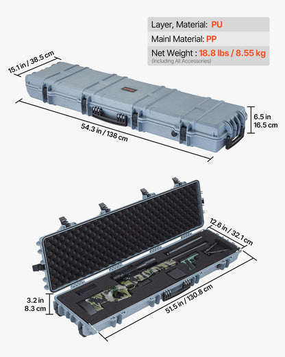 Hard Rifle Case, Lockable Rifle Case with Pre-cut Foams, 1270 mm Movable Gun Storage with Wheels, IP67 Waterproof & Dustproof Pistol Storage for Rifle, Shotgun, Airsoft Gun, Grey