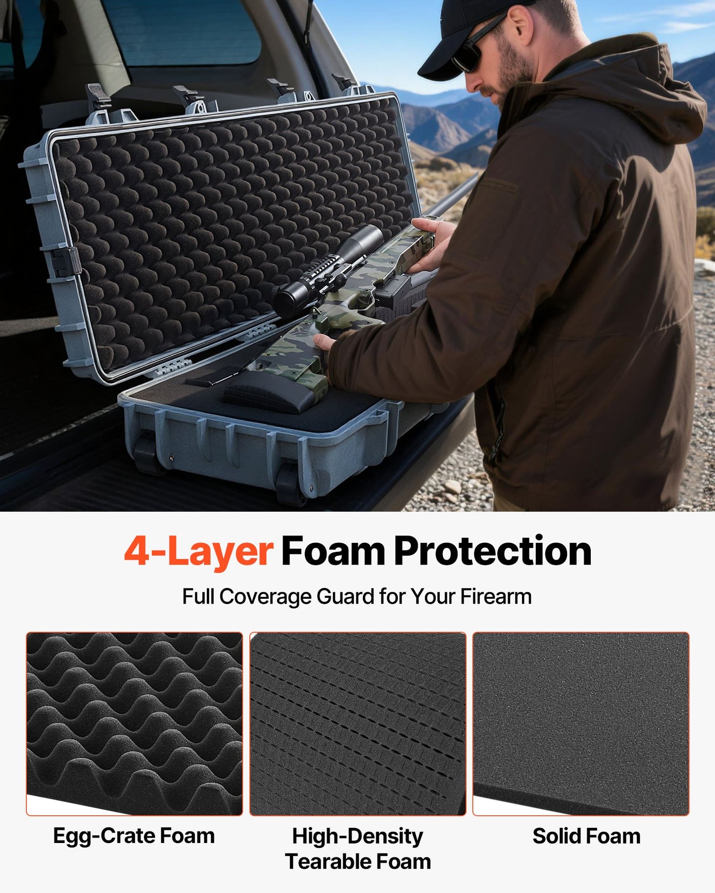 Hard Rifle Case, Lockable Rifle Case with Pre-cut Foams, 1270 mm Movable Gun Storage with Wheels, IP67 Waterproof & Dustproof Pistol Storage for Rifle, Shotgun, Airsoft Gun, Grey