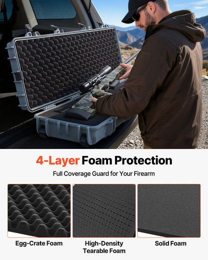 Hard Rifle Case, Lockable Rifle Case with Pre-cut Foams, 1270 mm Movable Gun Storage with Wheels, IP67 Waterproof & Dustproof Pistol Storage for Rifle, Shotgun, Airsoft Gun, Grey