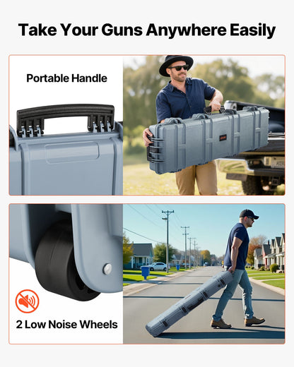 Hard Rifle Case, Lockable Rifle Case with Pre-cut Foams, 1270 mm Movable Gun Storage with Wheels, IP67 Waterproof & Dustproof Pistol Storage for Rifle, Shotgun, Airsoft Gun, Grey