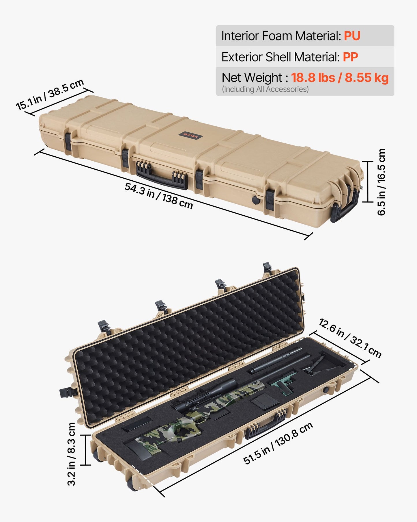 Hard Rifle Case, Lockable Rifle Case with Pre-cut Foams, 1270 mm Movable Gun Storage with Wheels, IP67 Waterproof & Dustproof Pistol Storage for Rifle, Shotgun, Airsoft Gun, Khaki