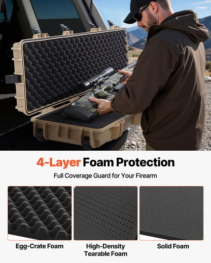 Hard Rifle Case, Lockable Rifle Case with Pre-cut Foams, 1270 mm Movable Gun Storage with Wheels, IP67 Waterproof & Dustproof Pistol Storage for Rifle, Shotgun, Airsoft Gun, Khaki