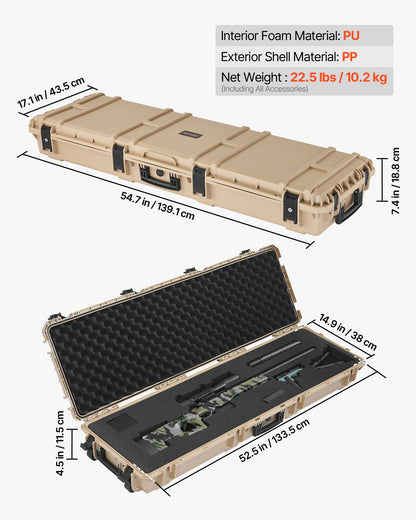 Hard Rifle Case, Lockable Rifle Case with Pre-cut Foams, 1320 mm Gun Storage with Wheels, Heavy Duty IP67 Waterproof & Dustproof Pistol Storage Cases for Rifles, Shotguns, Airsoft Guns, Khaki
