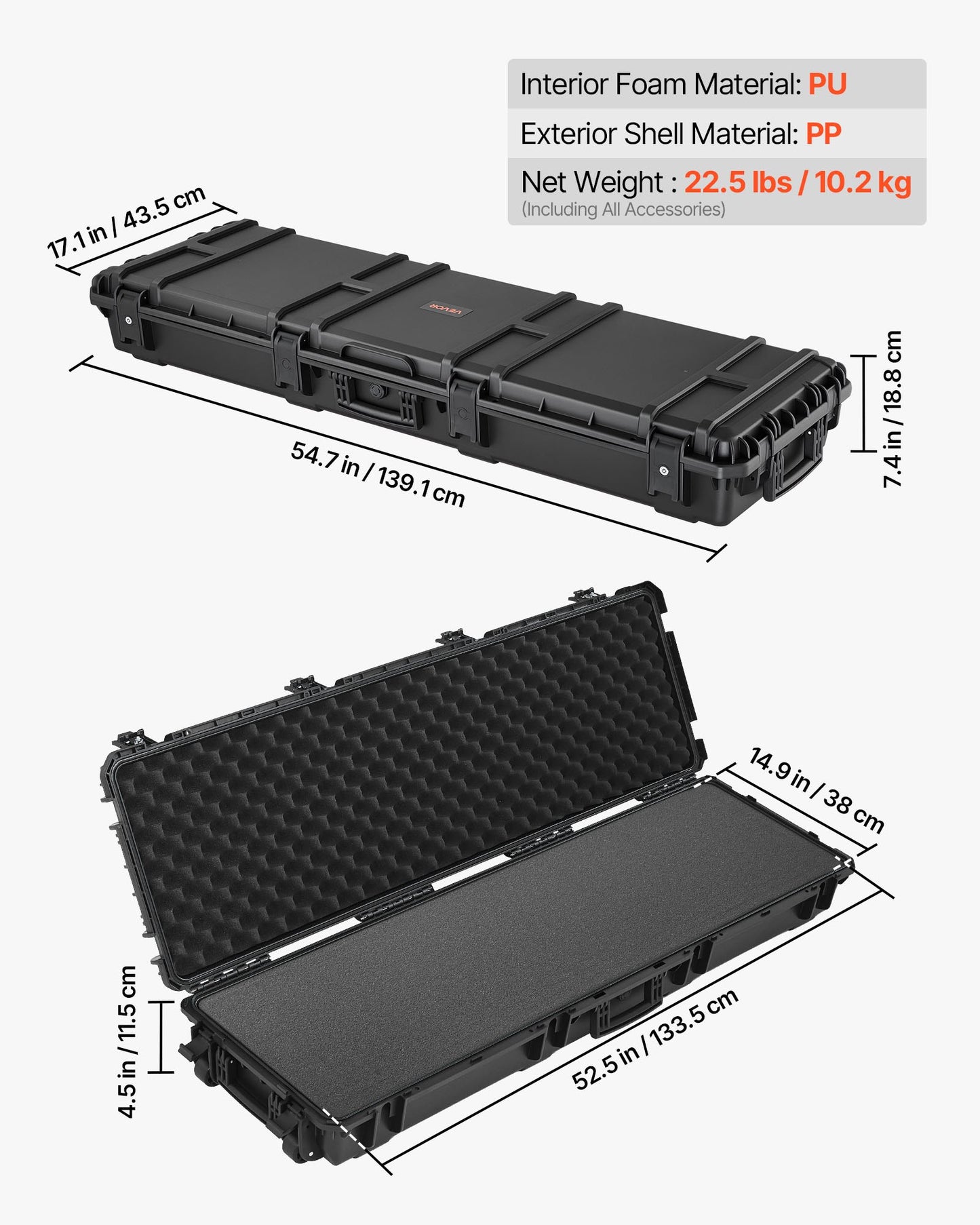 Hard Rifle Case, Lockable Rifle Case with Pre-cut Foams, 1320 mm Gun Storage with Wheels, Heavy Duty IP67 Waterproof & Dustproof Pistol Storage Cases for Rifles, Shotguns, Airsoft Guns, Black