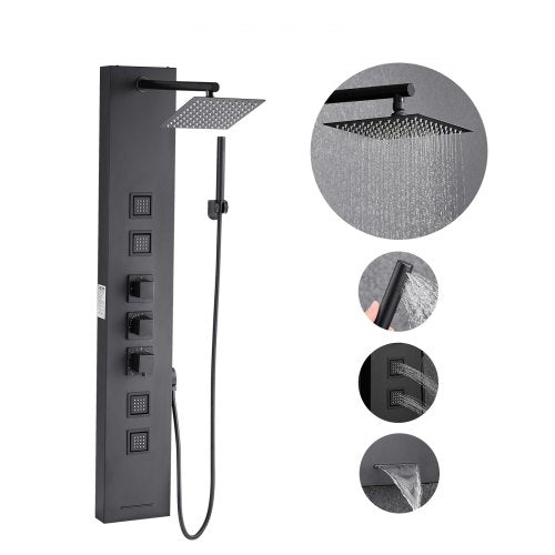Shower Panel Tower System with Rainfall Shower Head, 49 in Brushed Stainless Steel Shower Column, 4-Function Faucet, Wall-Mount Rain Massage System, with 4 Body Jets, Handheld, and Tub Spout