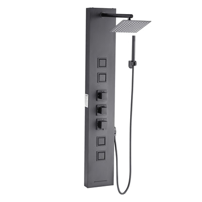 Duschpaneltornsystem med regnduschmunstycke, 122 cm duschpelare i borstat rostfritt stål, kran med 4 funktioner, väggmonterat regnmassagesystem, med 4 kroppsstrålar, handhållen dusch och badkarspip