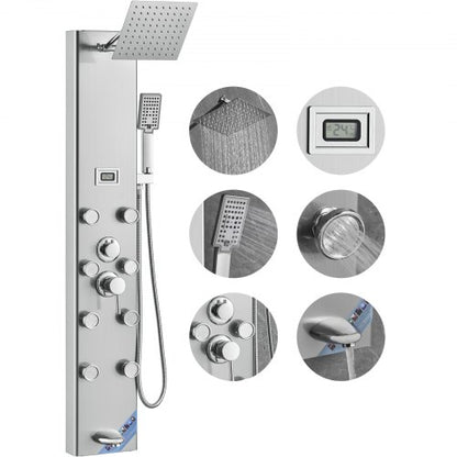 Shower Panel System, 6 Shower Modes, Digital Display Shower Panel Tower, Rainfall, 8 Massage Jets, Tub Spout, 3-Setting Handheld Shower Head 59" Hose, Stainless Steel Wall-Mounted Shower Set
