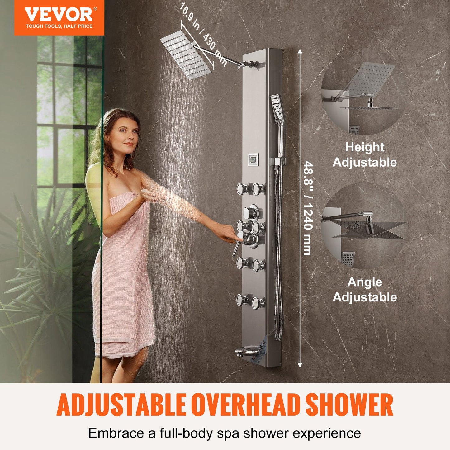Shower Panel System, 6 Shower Modes, Digital Display Shower Panel Tower, Rainfall, 8 Massage Jets, Tub Spout, 3-Setting Handheld Shower Head 59" Hose, Stainless Steel Wall-Mounted Shower Set