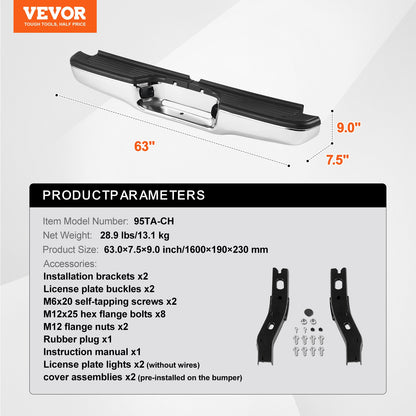 Rear Step Bumper, Compatible with 1995-2004-Toyota Tacoma, Chrome Steel Back Bumper, Assembly Replacement Rear Bumper with License Plate Light and Step Pad, without Sensor Holes, for TO1102215