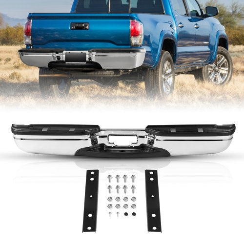 Rear Step Bumper, Compatible with 1999-2007-Ford F250/Ford F350 Super Duty, Chrome Steel Back Bumper, Assembly Replacement Rear Bumper with License Plate Light and Step Pad, for FO1101141