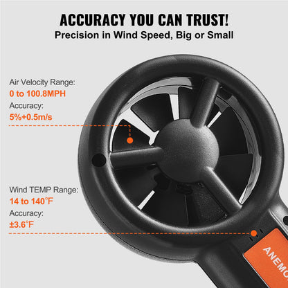 Delad handhållen anemometer, 14℉-140℉, digital vindhastighetsmätare CFM med LED-bakgrundsbelyst skärm, mäter vindhastighet, vindtemperatur, luftflöde, vindkylning, för segling, surfing, flygning, HVAC