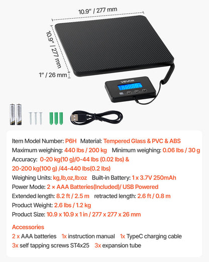 Digital Postal Scale, 10 g/100 g Dual Accuracy, 200 kg Commercial Weight Scale with Hold/Tare Function & LCD Display, Fit for Packages, Postage, Luggage, Battery & Charging Cable Included