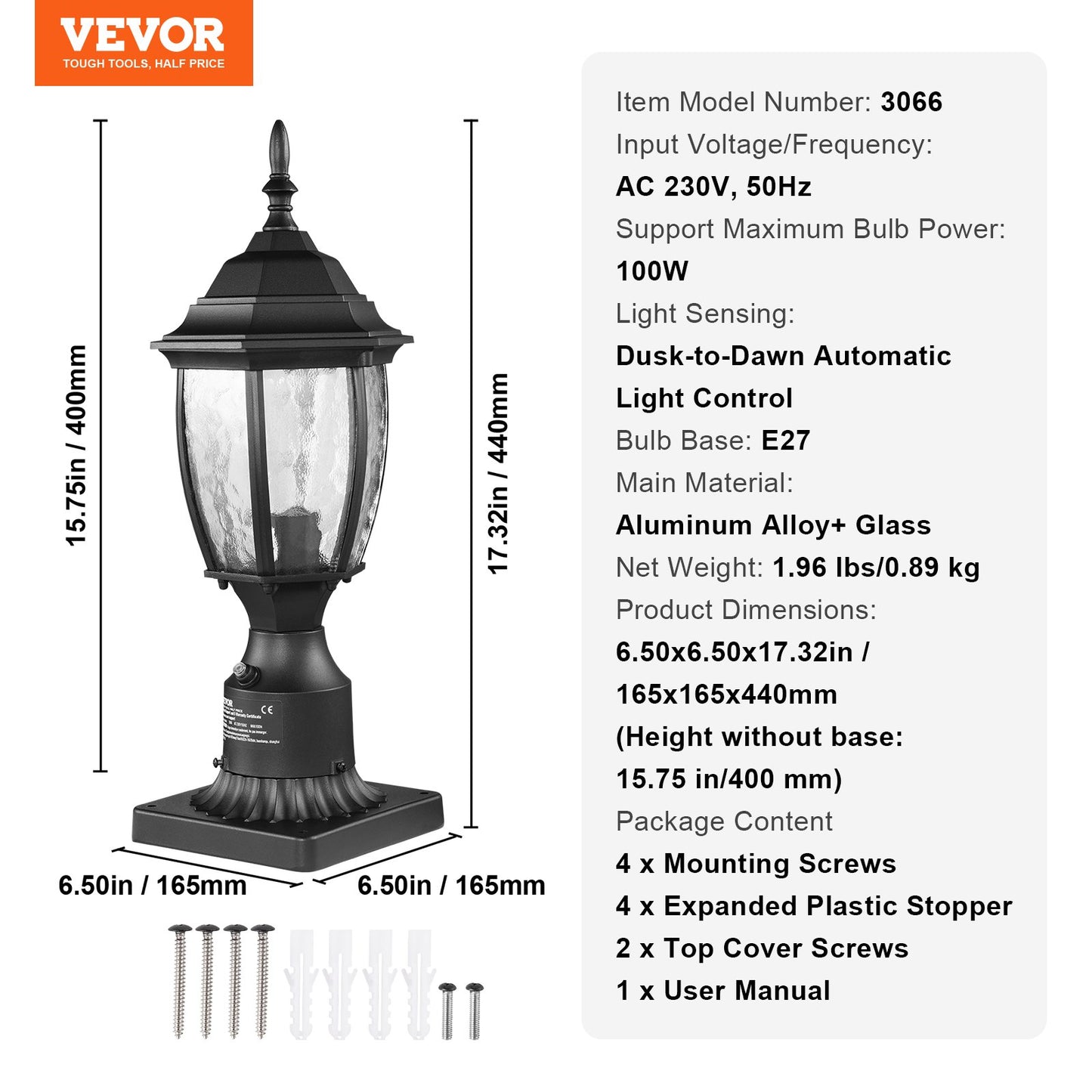 Dusk to Dawn Outdoor Post Light, 400 mm Height, Waterproof Lamp Post Light Fixture with 3.5 in Pier Mount Base Glass Shade, Lightning-proof Exterior Pole Column Light for Patio Garden Pathway