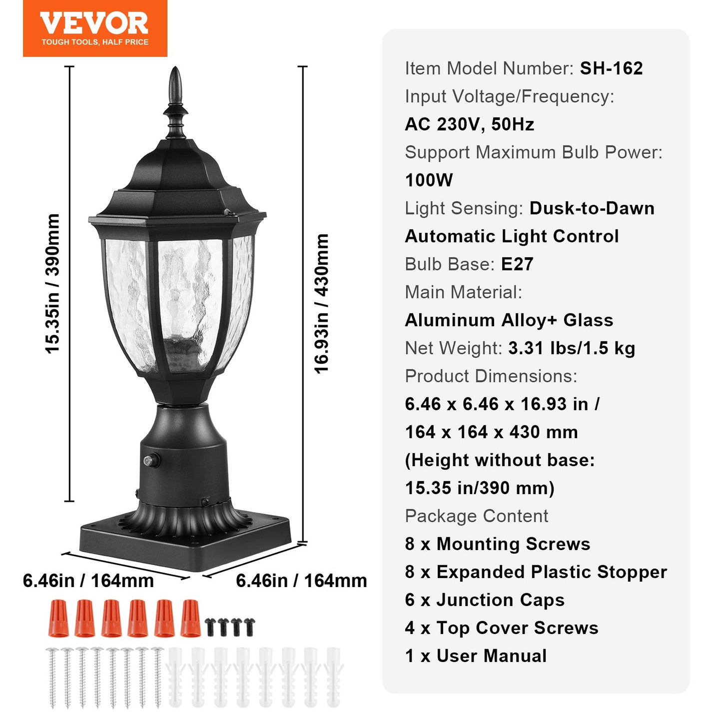 2-pack Dusk to Dawn utomhuslampa, 390 mm, vattentäta lyktstolparmaturer med 3,5 tums pelarmatur i glas med fot, blixtsäker utomhuslampa för uteplats, trädgård, gångväg