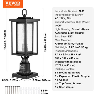 2-pack Dusk to Dawn utomhuslampa, 450 mm, vattentäta lyktstolparmaturer med 3,5 tums pelarmatur i glas med fot, blixtsäker utomhuslampa för uteplats, trädgård, gångväg