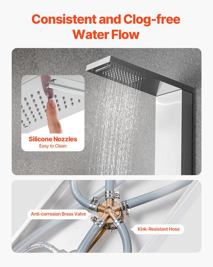 Duschpaneltornssystem med regnduschmunstycke, 53 tum duschpelare i borstat rostfritt stål, kran med 5 funktioner, väggmonterat regnmassagesystem med 2 kroppsstrålar, handhållen, badkarspip
