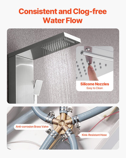 Duschpaneltornssystem med regnduschmunstycke, 53 tum duschpelare i borstat rostfritt stål, kran med 5 funktioner, väggmonterat regnmassagesystem med 3 kroppsstrålar, handhållen, badkarspip