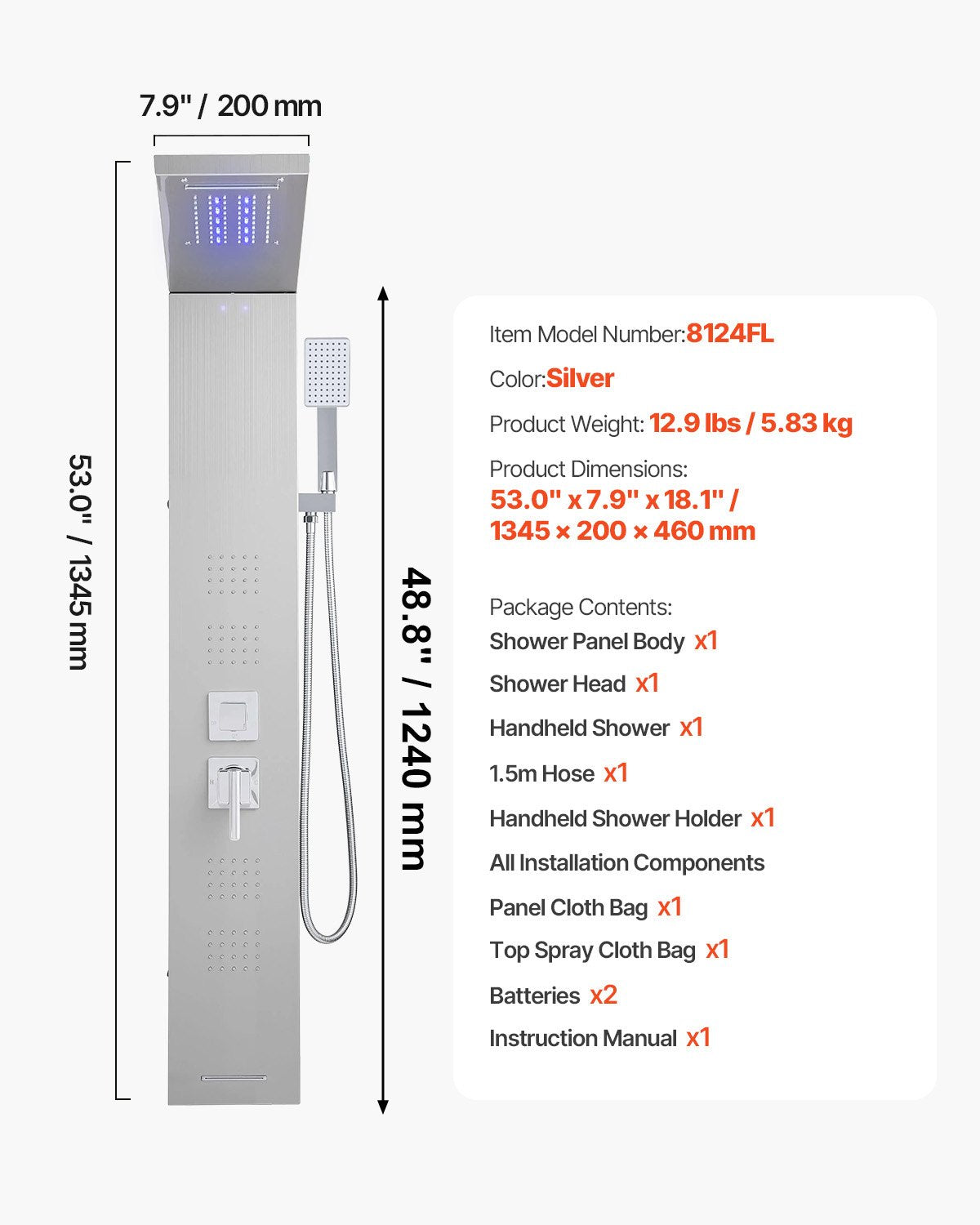 Duschpaneltornssystem med regnduschmunstycke, LED, 53 tum duschpelare i borstat rostfritt stål, kran med 5 funktioner, väggmonterat regnmassagesystem, med handhållen pip och badkarspip