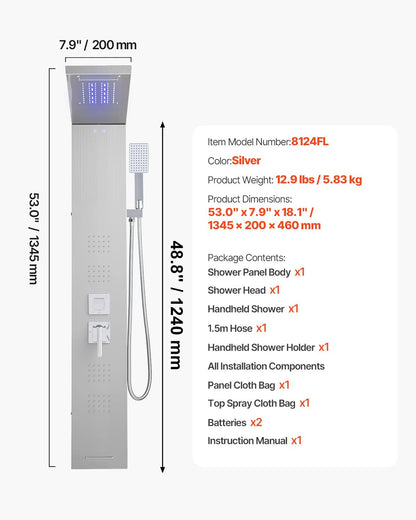 Duschpaneltornssystem med regnduschmunstycke, LED, 53 tum duschpelare i borstat rostfritt stål, kran med 5 funktioner, väggmonterat regnmassagesystem, med handhållen pip och badkarspip