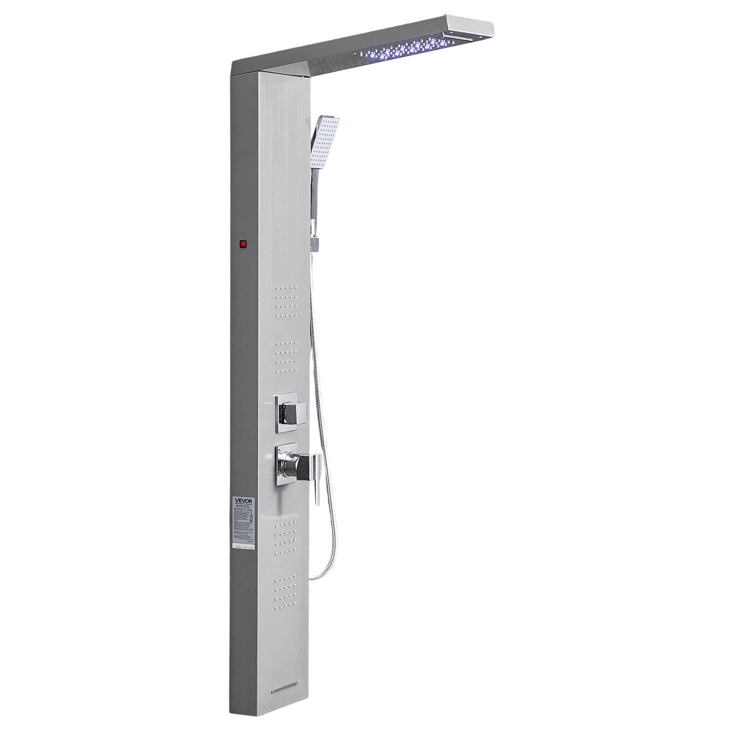 Duschpaneltornssystem med regnduschmunstycke, LED, 53 tum duschpelare i borstat rostfritt stål, kran med 5 funktioner, väggmonterat regnmassagesystem, med handhållen pip och badkarspip