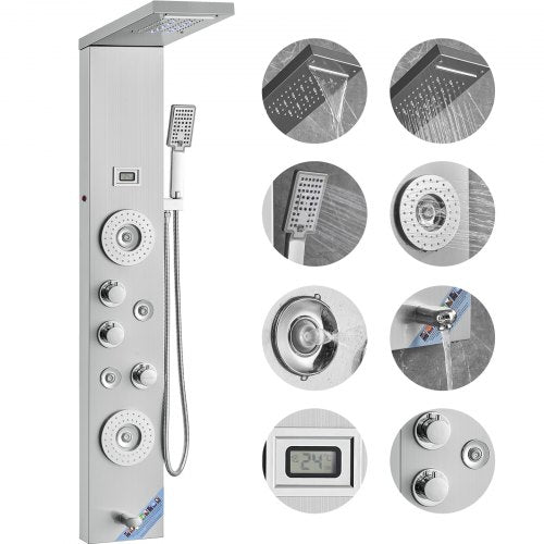 Shower Panel System, 6 Shower Modes, LED & Display Shower Panel Tower, Rainfall, Waterfall, 4 Body Massage Jets, Tub Spout, Handheld Shower Head 59" Hose, Stainless Steel Wall-Mounted Shower Set