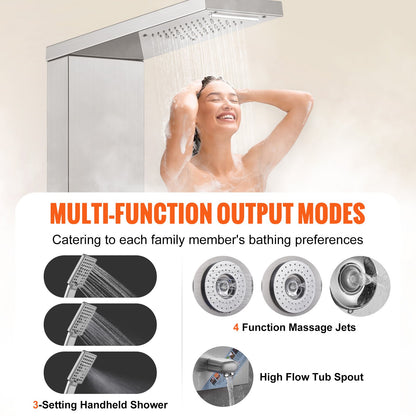Shower Panel System, 6 Shower Modes, LED & Display Shower Panel Tower, Rainfall, Waterfall, 4 Body Massage Jets, Tub Spout, Handheld Shower Head 59" Hose, Stainless Steel Wall-Mounted Shower Set