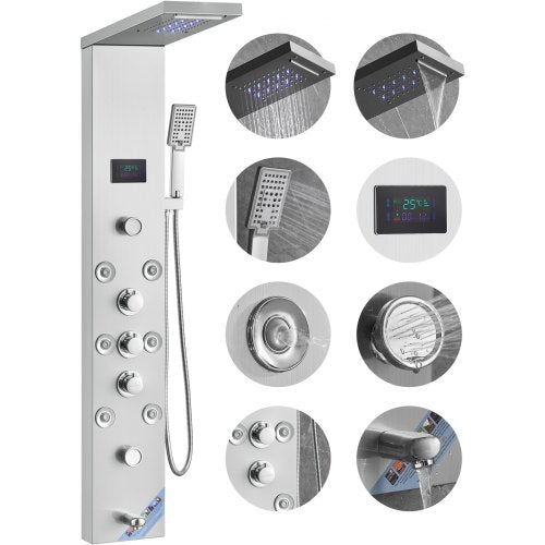 Shower Panel System, 6 Shower Modes, LED & Screen Hydroelectricity Shower Panel Tower, Rainfall, Waterfall, 8 Massage Jets, Tub Spout, Handheld Shower, Stainless Steel Wall-Mounted Shower Set