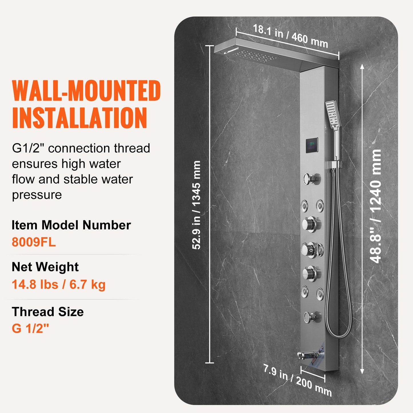 Duschpanelsystem, 6 duschlägen, LED- och skärmmonterad duschpanel med vattenkraft, regndusch, vattenfall, 8 massagestrålar, badkarspip, handdusch, väggmonterad duschset i rostfritt stål