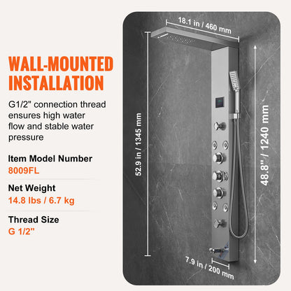 Duschpanelsystem, 6 duschlägen, LED- och skärmmonterad duschpanel med vattenkraft, regndusch, vattenfall, 8 massagestrålar, badkarspip, handdusch, väggmonterad duschset i rostfritt stål