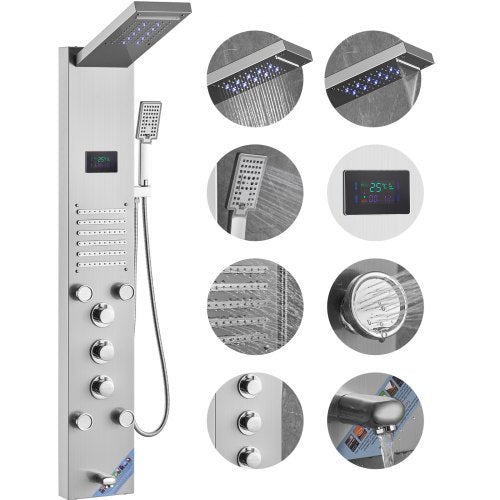 Shower Panel System, 6 Shower Modes, LED & Screen Hydroelectricity Shower Panel Tower, Rainfall, Waterfall, 5 Massage Jets, Tub Spout, Handheld Shower, Stainless Steel Wall-Mounted Shower Set