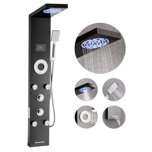 Duschpaneltornsystem med regnduschmunstycke, LED, 53 tum duschpelare i borstat rostfritt stål, kran med 6 funktioner, väggmonterat regnmassagesystem med 5 kroppsstrålar, handhållen, badkarspip